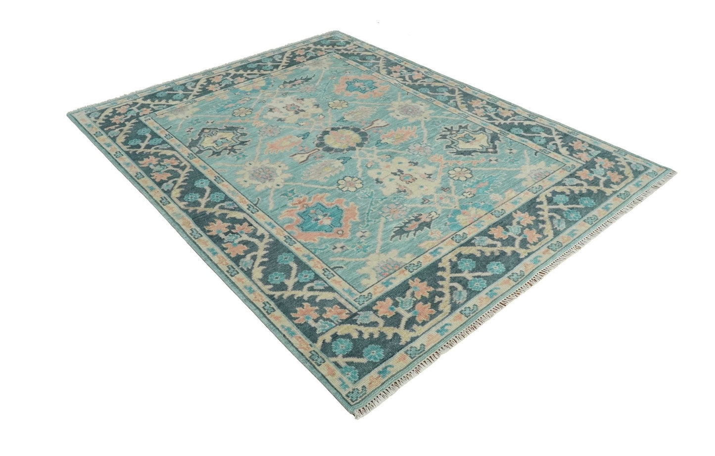 8x10 Antique Hand Knotted Teal, Charcoal and Beige Traditional Vintage Persian Oushak Wool Rug | TRDCP1367810