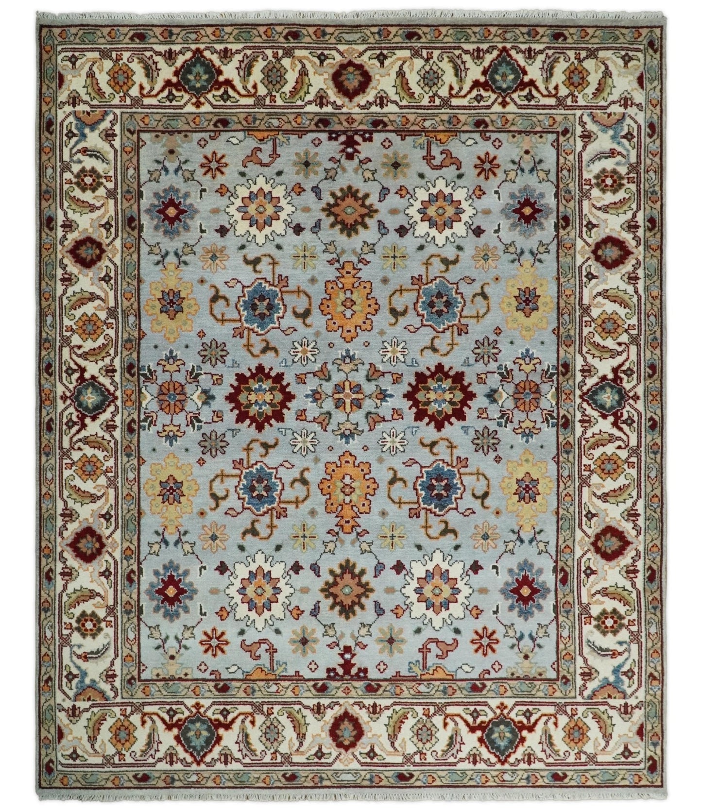 8x10 Blue and Ivory Hand Knotted Antique Turkish Oushak Large Wool Area Rug | TRDCP405810