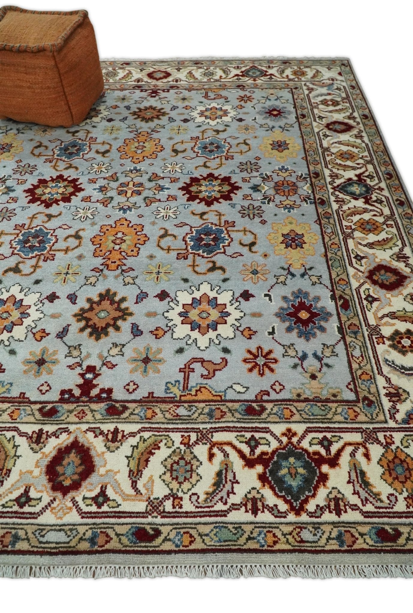 8x10 Blue and Ivory Hand Knotted Antique Turkish Oushak Large Wool Area Rug | TRDCP405810