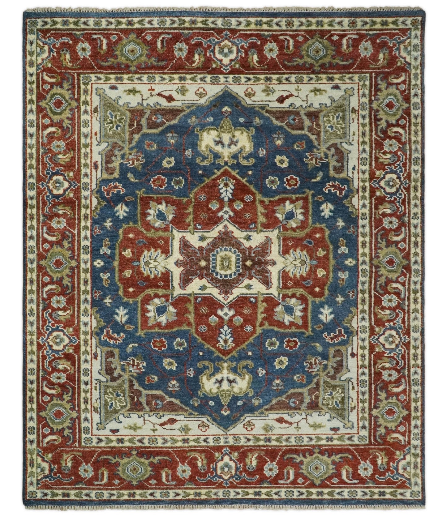 8x10 Blue and Rust Traditional Hand Knotted Heriz Serapi Rug | TRDCP165810