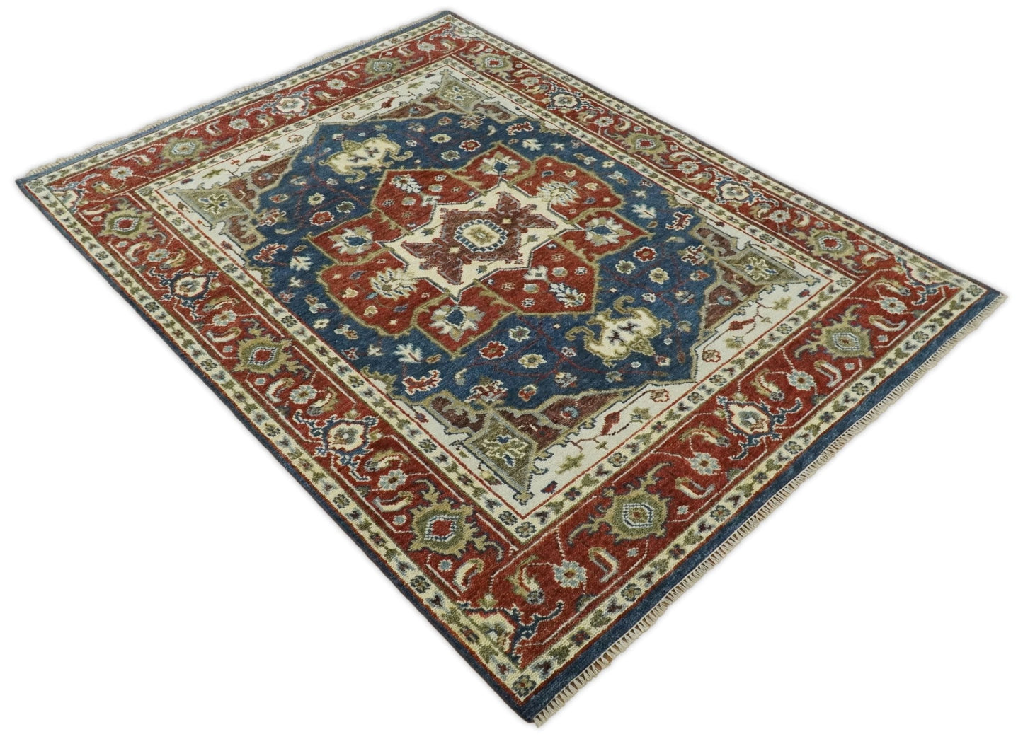 8x10 Blue and Rust Traditional Hand Knotted Heriz Serapi Rug | TRDCP165810