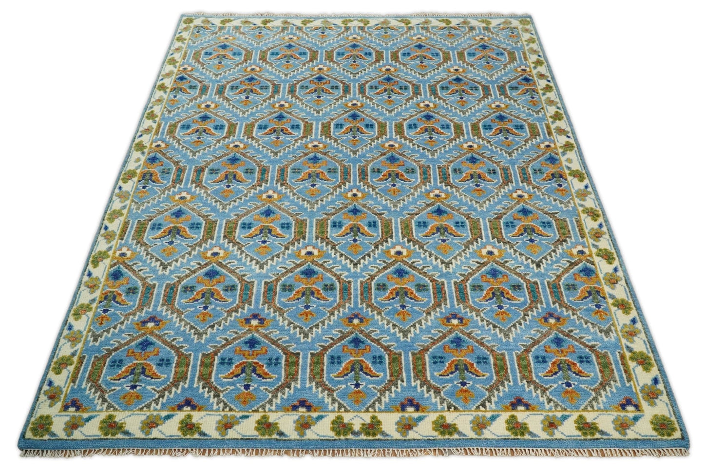 Blue, Brown and Beige Hand Knotted Wool Antique Vintage Style Multi size wool Area Rug