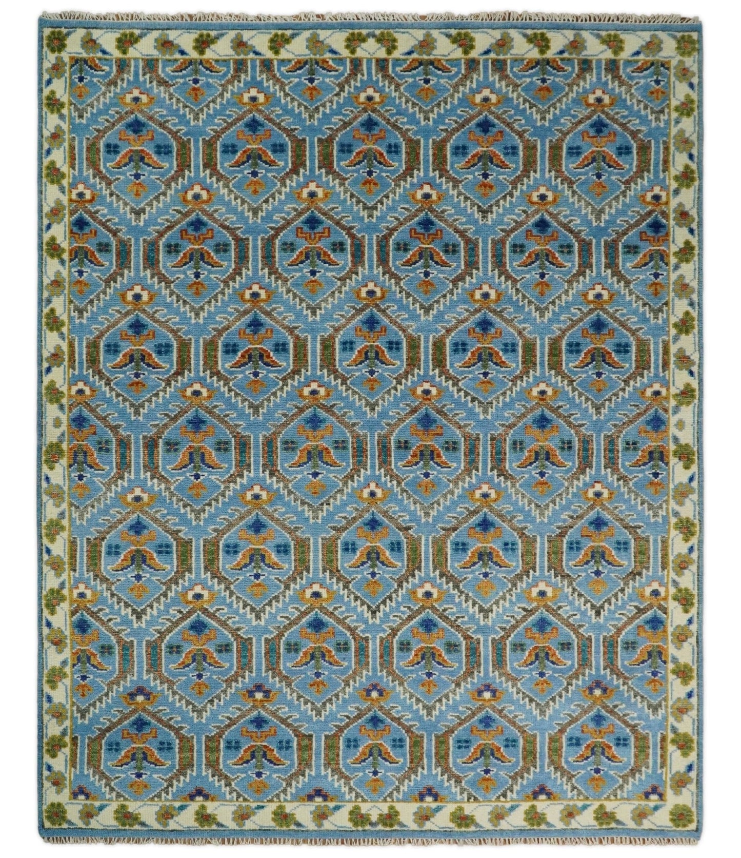 Blue, Brown and Beige Hand Knotted Wool Antique Vintage Style Multi size wool Area Rug