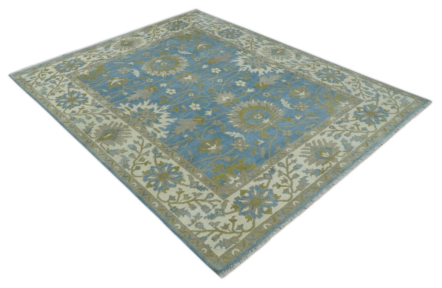 8x10 Blue, Ivory and Olive Hand Knotted Heriz Serapi Floral Area Rug | TRDCP1181810