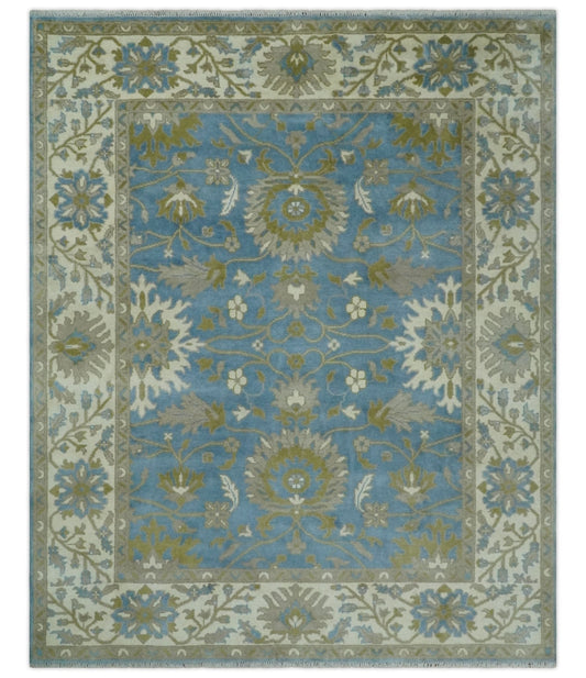 8x10 Blue, Ivory and Olive Hand Knotted Heriz Serapi Floral Area Rug | TRDCP1181810