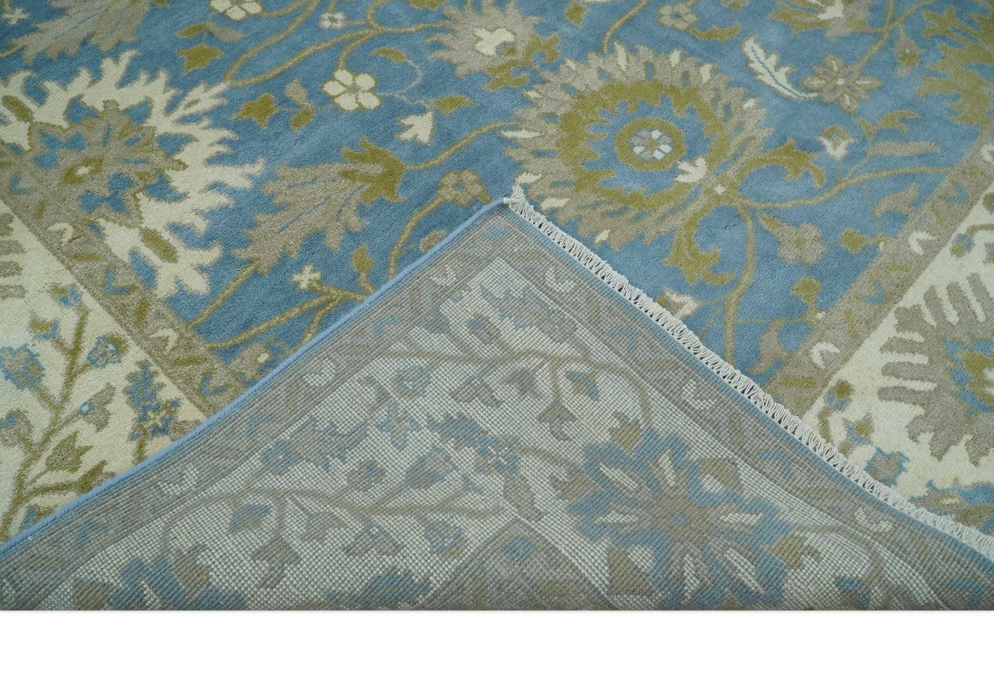 8x10 Blue, Ivory and Olive Hand Knotted Heriz Serapi Floral Area Rug | TRDCP1181810