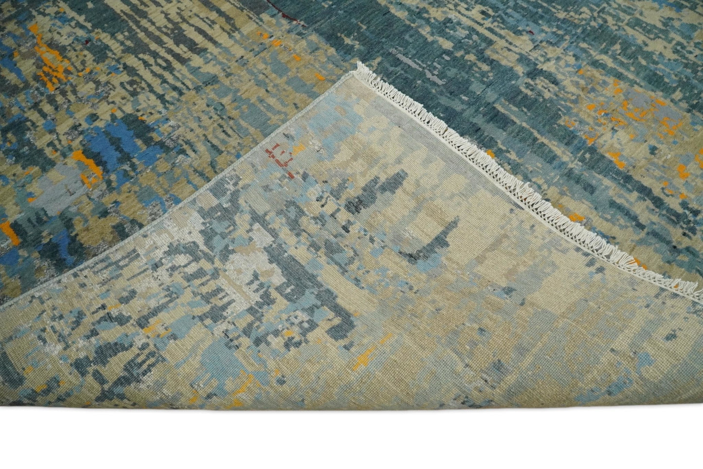 8x10 Fine Hand Knotted Beige and Blue Modern Abstract Style Antique Wool and Silk Area Rug | TRDCP630810