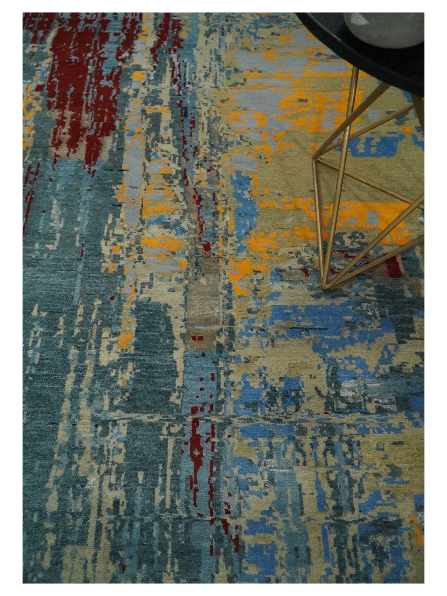 8x10 Fine Hand Knotted Beige and Blue Modern Abstract Style Antique Wool and Silk Area Rug | TRDCP630810