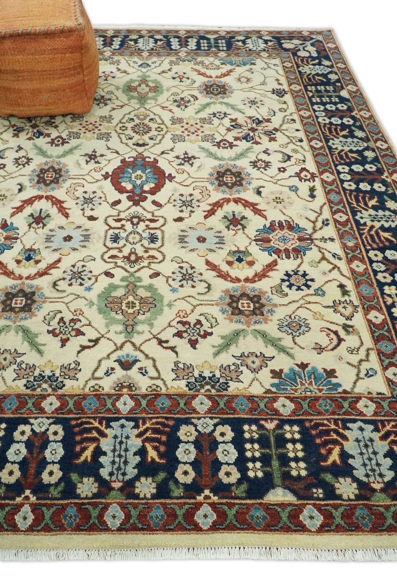 8x10 Fine Hand Knotted Beige and Blue Traditional Oriental Oushak Antique Floral Wool Rug | TRDCP514810