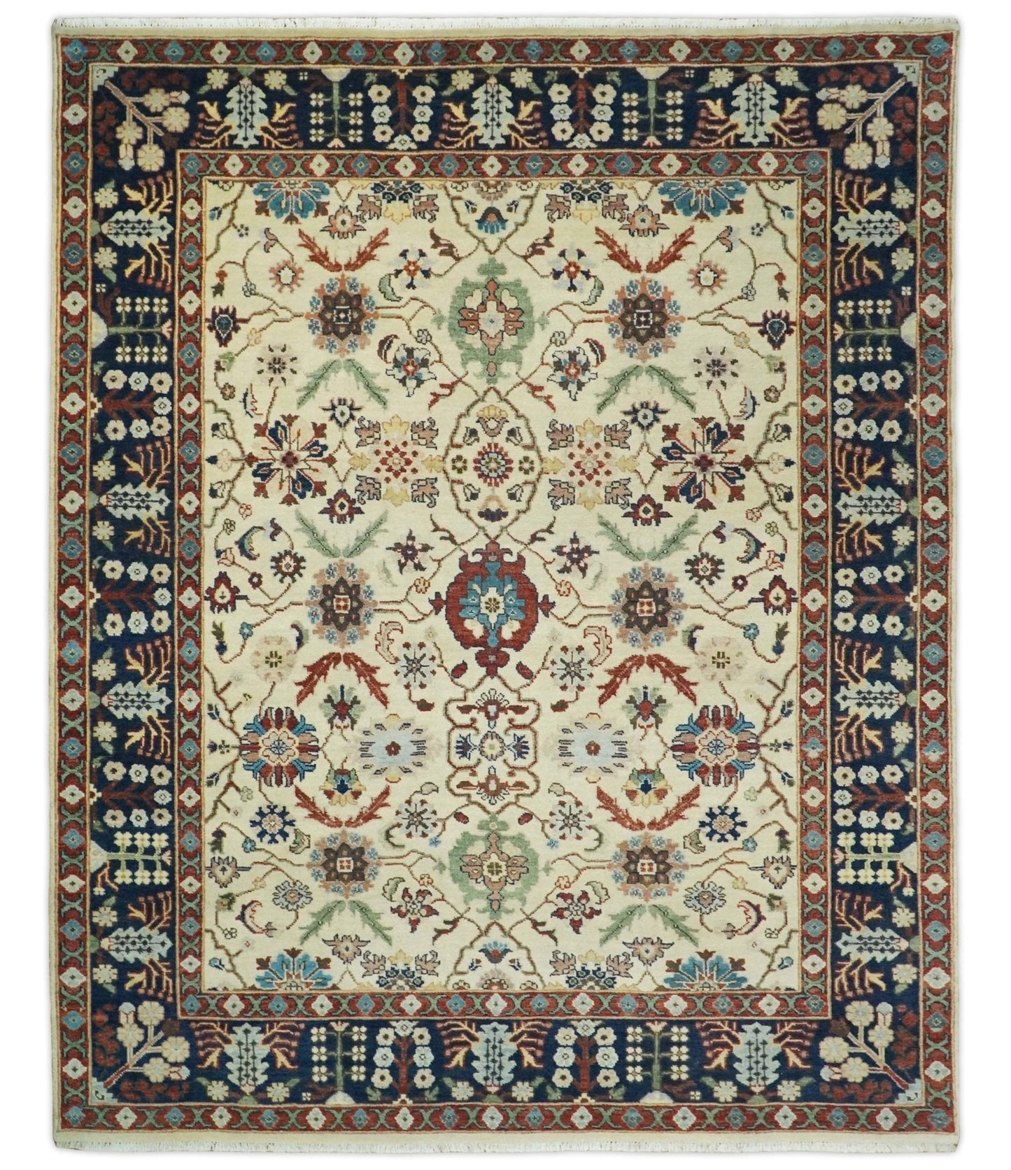 8x10 Fine Hand Knotted Beige and Blue Traditional Oriental Oushak Antique Floral Wool Rug | TRDCP514810