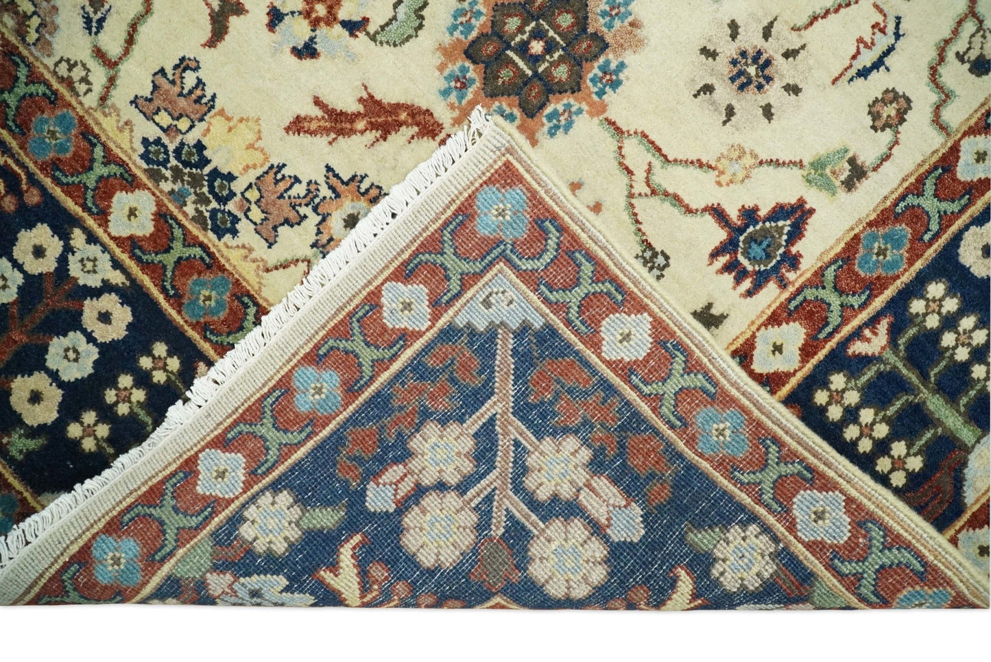 8x10 Fine Hand Knotted Beige and Blue Traditional Oriental Oushak Antique Floral Wool Rug | TRDCP514810