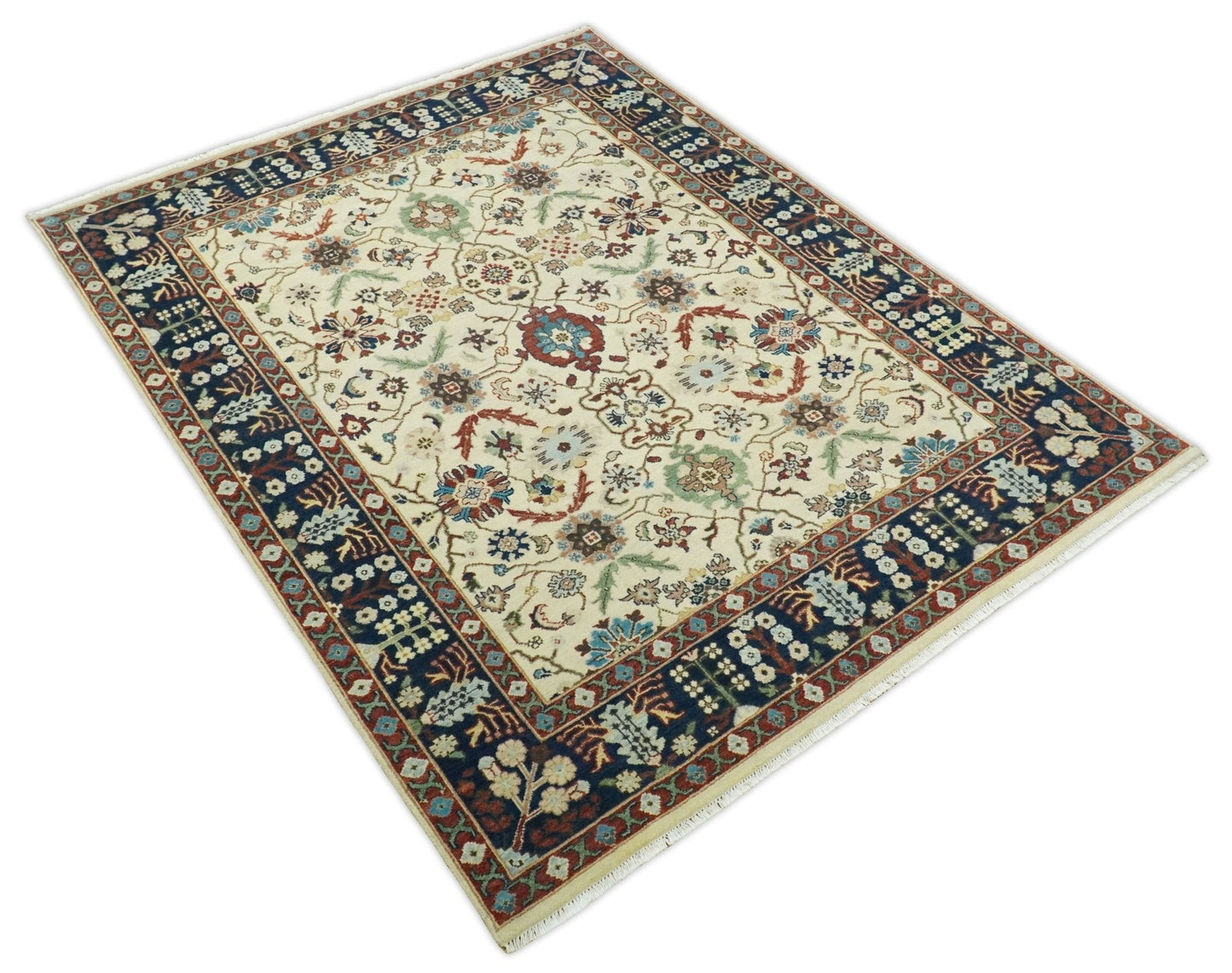 8x10 Fine Hand Knotted Beige and Blue Traditional Oriental Oushak Antique Floral Wool Rug | TRDCP514810