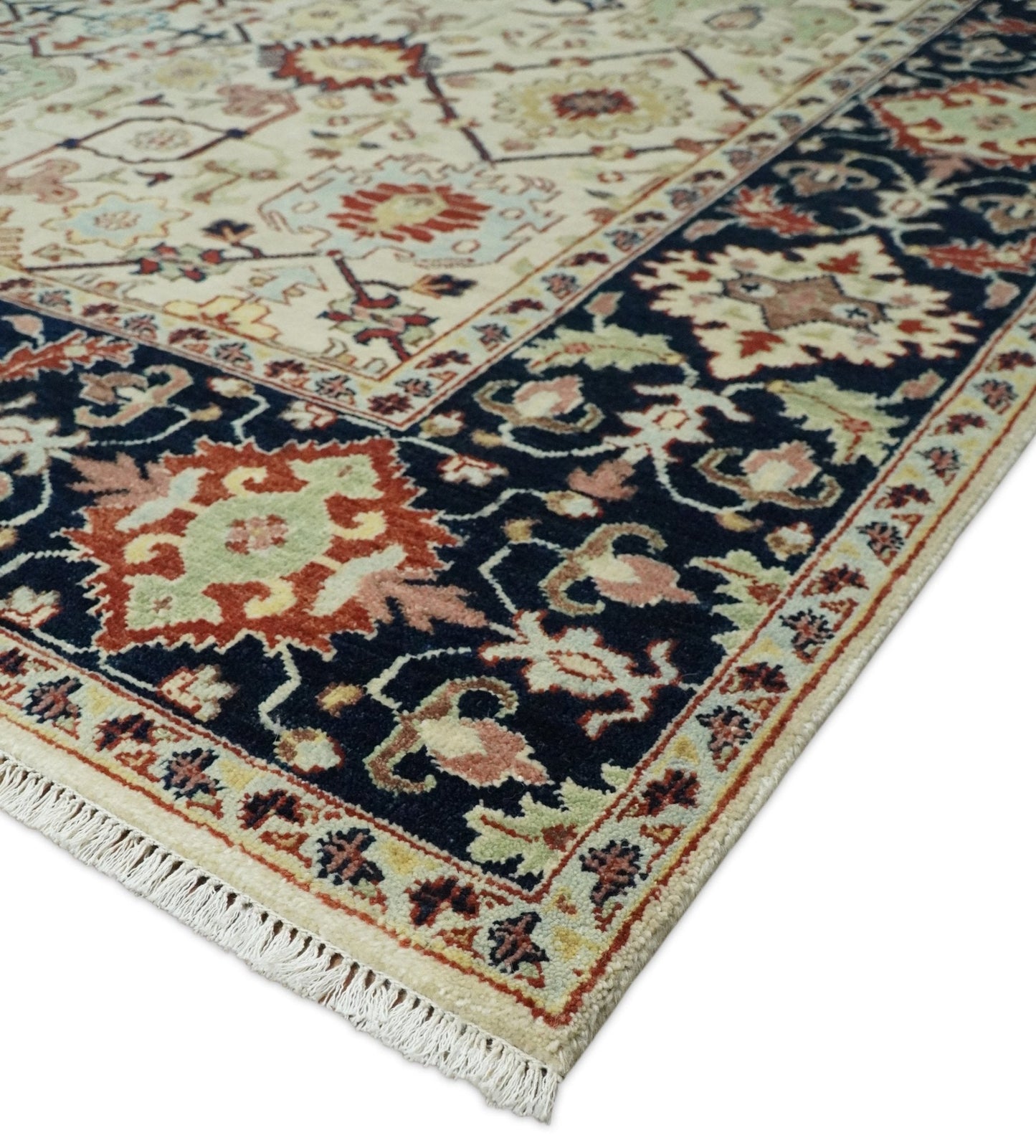 8x10 Fine Hand Knotted Beige and Blue Traditional Oriental Oushak Antique Wool Rug | TRDCP525810