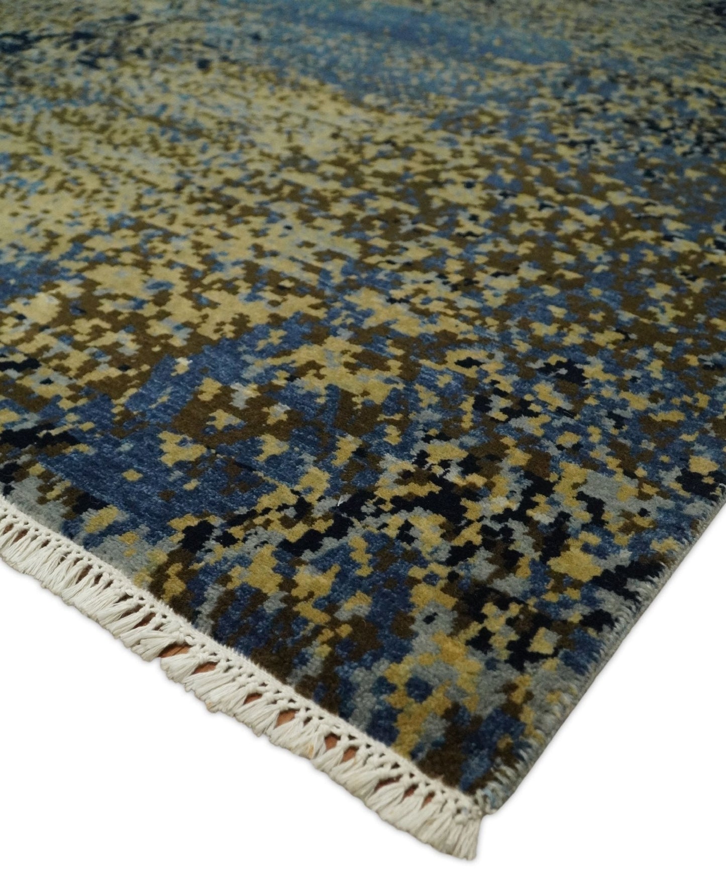 8x10 Fine Hand Knotted Beige, Black and Blue Modern Abstract Style Antique Wool and Silk Area Rug | TRDCP629810