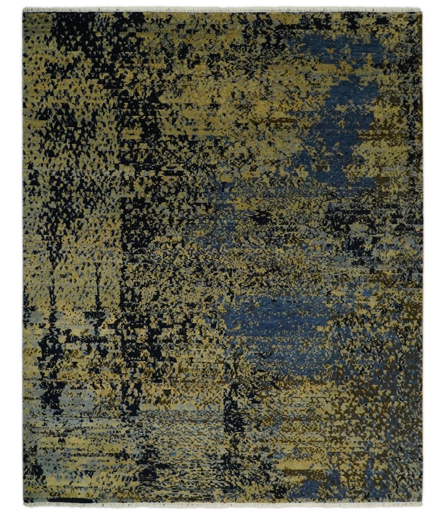 8x10 Fine Hand Knotted Beige, Black and Blue Modern Abstract Style Antique Wool and Silk Area Rug | TRDCP629810