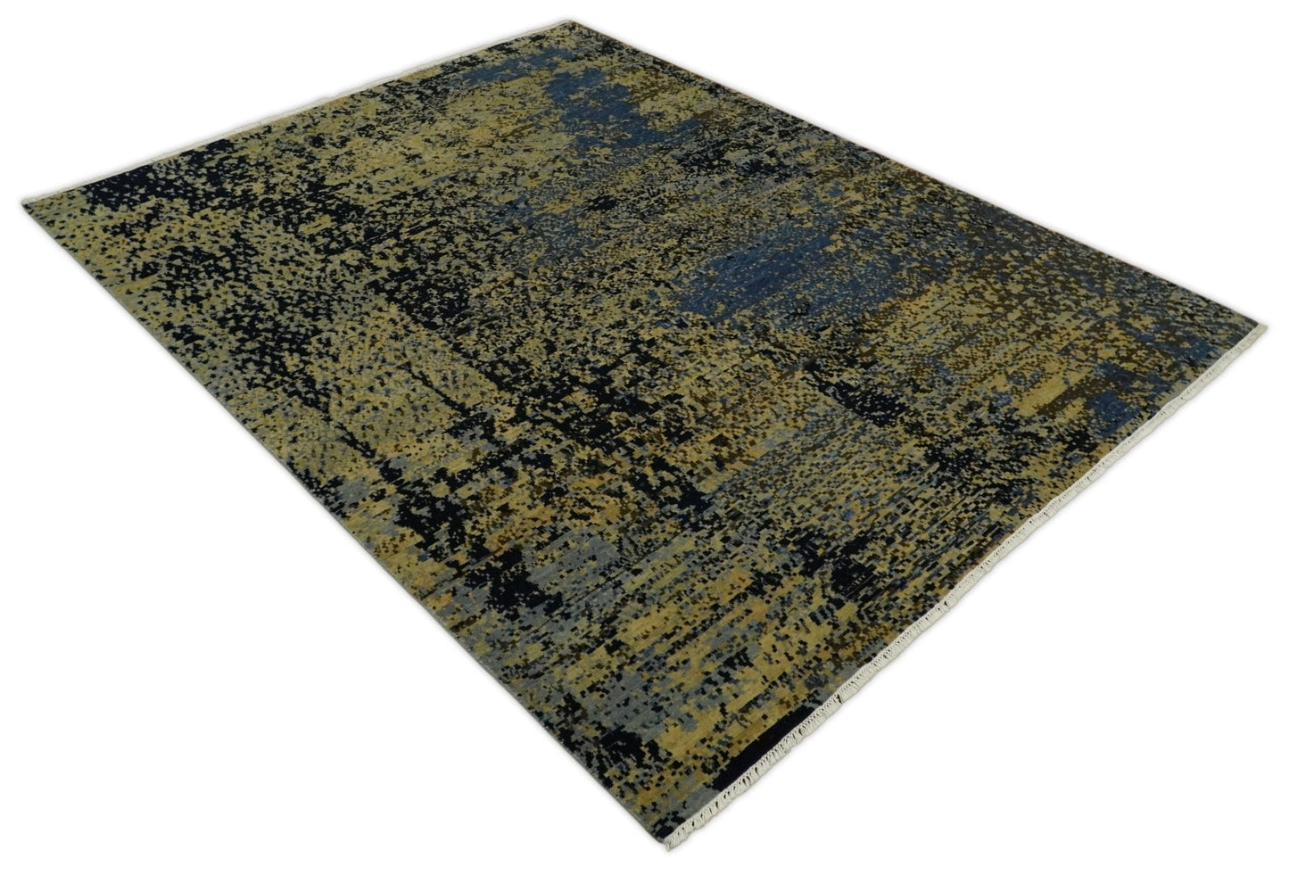 8x10 Fine Hand Knotted Beige, Black and Blue Modern Abstract Style Antique Wool and Silk Area Rug | TRDCP629810