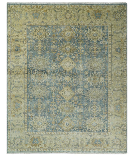 8x10 Fine Hand Knotted Teal and Beige Traditional Vintage Persian Style Mahal Antique Wool Rug | TRDCP496810