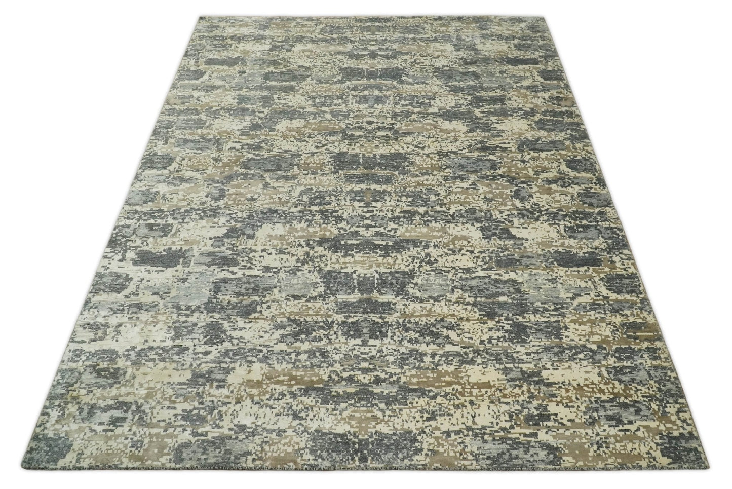 8x10 Fine Hand knotted Charcoal and Beige Traditional Abstract Persian Wool and Bamboo Silk Area Rug | TRDCP628810