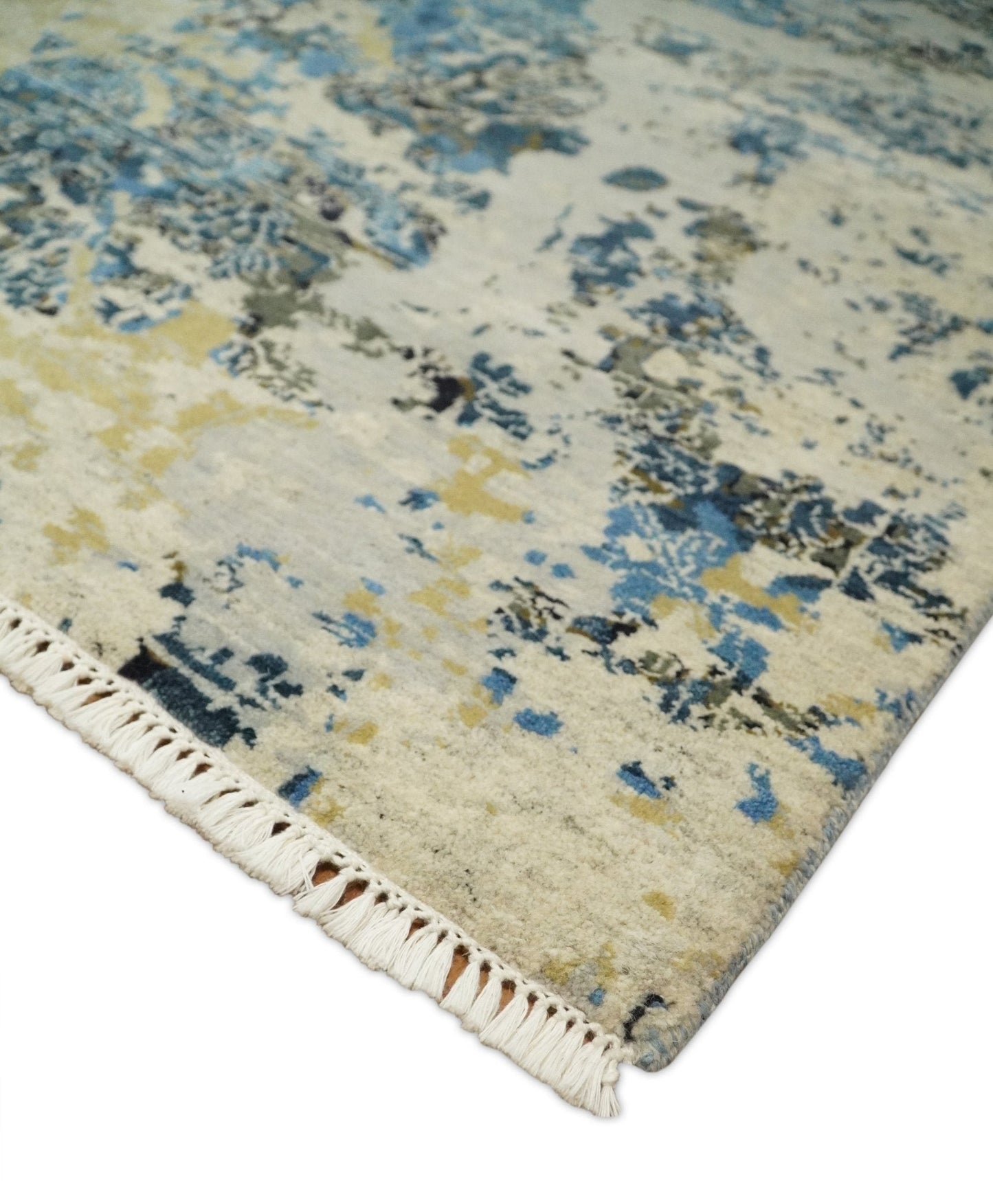 8x10 Fine Hand Knotted Charcoal, Camel and Blue Traditional Vintage Persian Style Antique Wool and Silk Rug | TRDCP703810