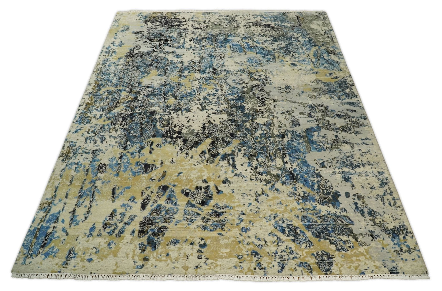 8x10 Fine Hand Knotted Charcoal, Camel and Blue Traditional Vintage Persian Style Antique Wool and Silk Rug | TRDCP703810