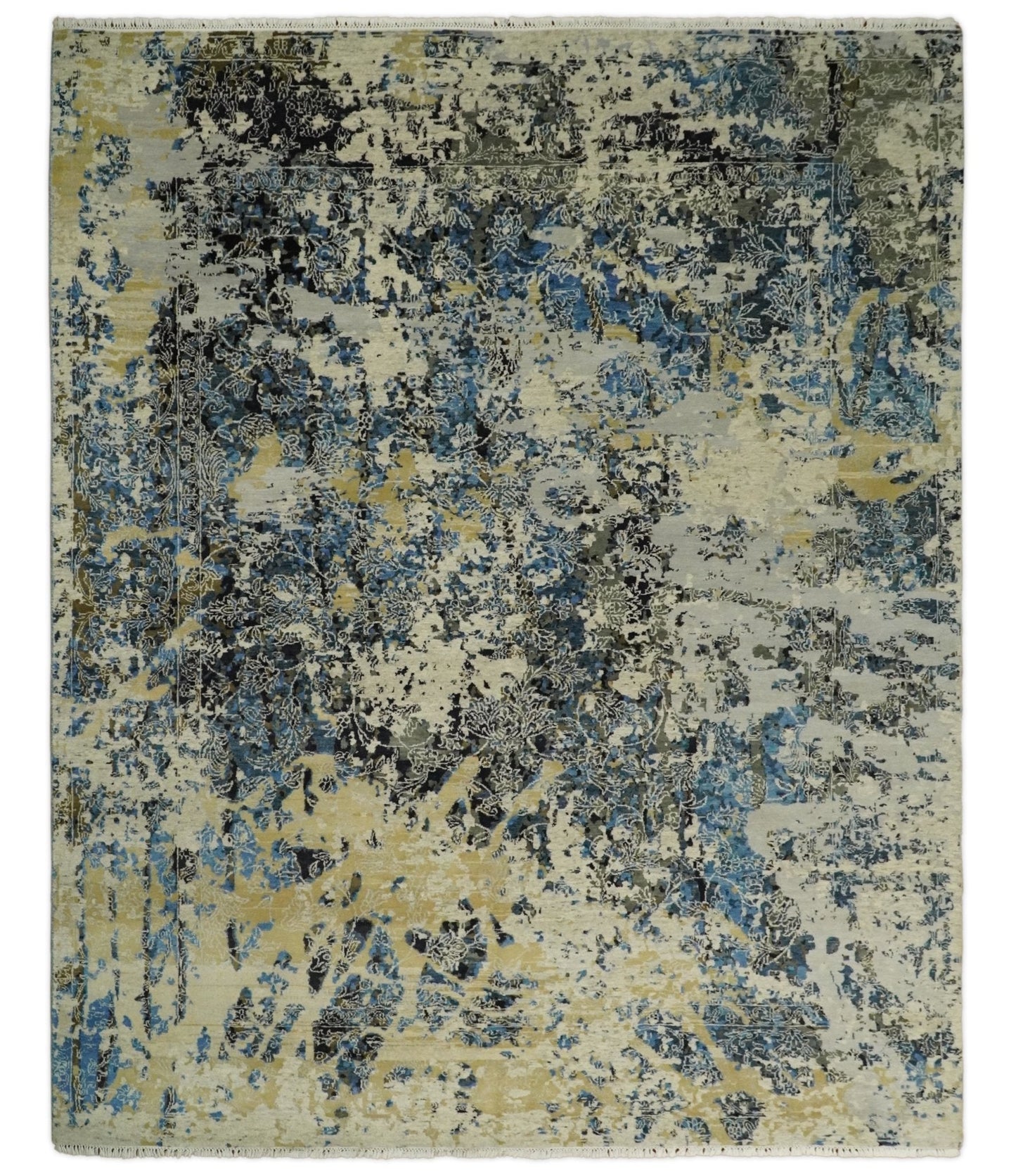 8x10 Fine Hand Knotted Charcoal, Camel and Blue Traditional Vintage Persian Style Antique Wool and Silk Rug | TRDCP703810