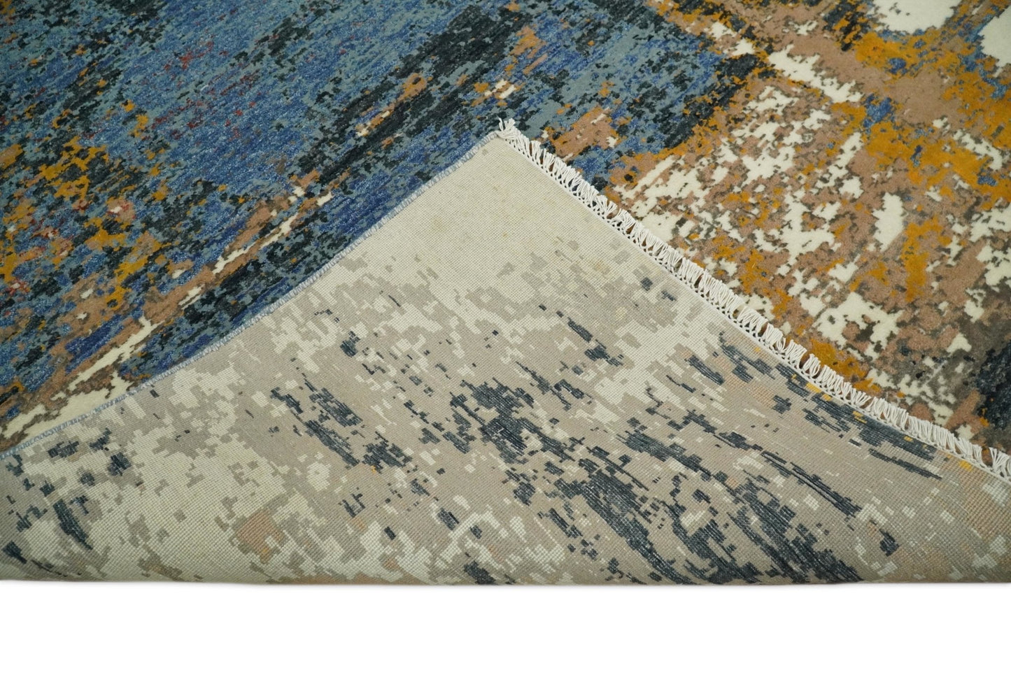 8x10 Fine Hand Knotted Ivory and Blue Modern Abstract Style Antique Wool and Silk Area Rug | TRDCP631810