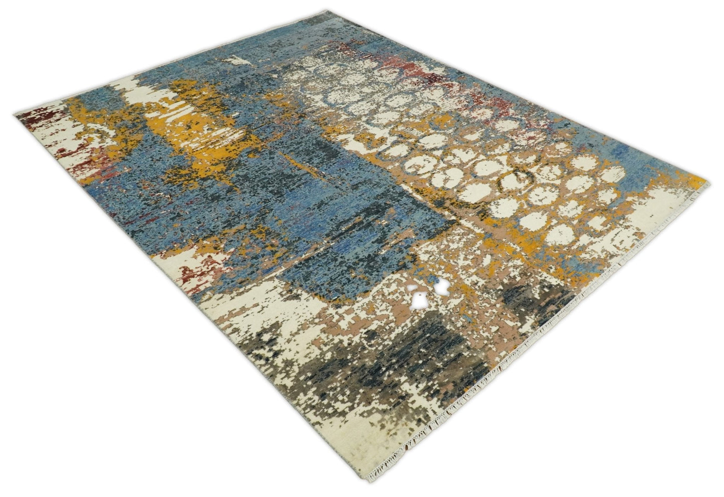 8x10 Fine Hand Knotted Ivory and Blue Modern Abstract Style Antique Wool and Silk Area Rug | TRDCP631810