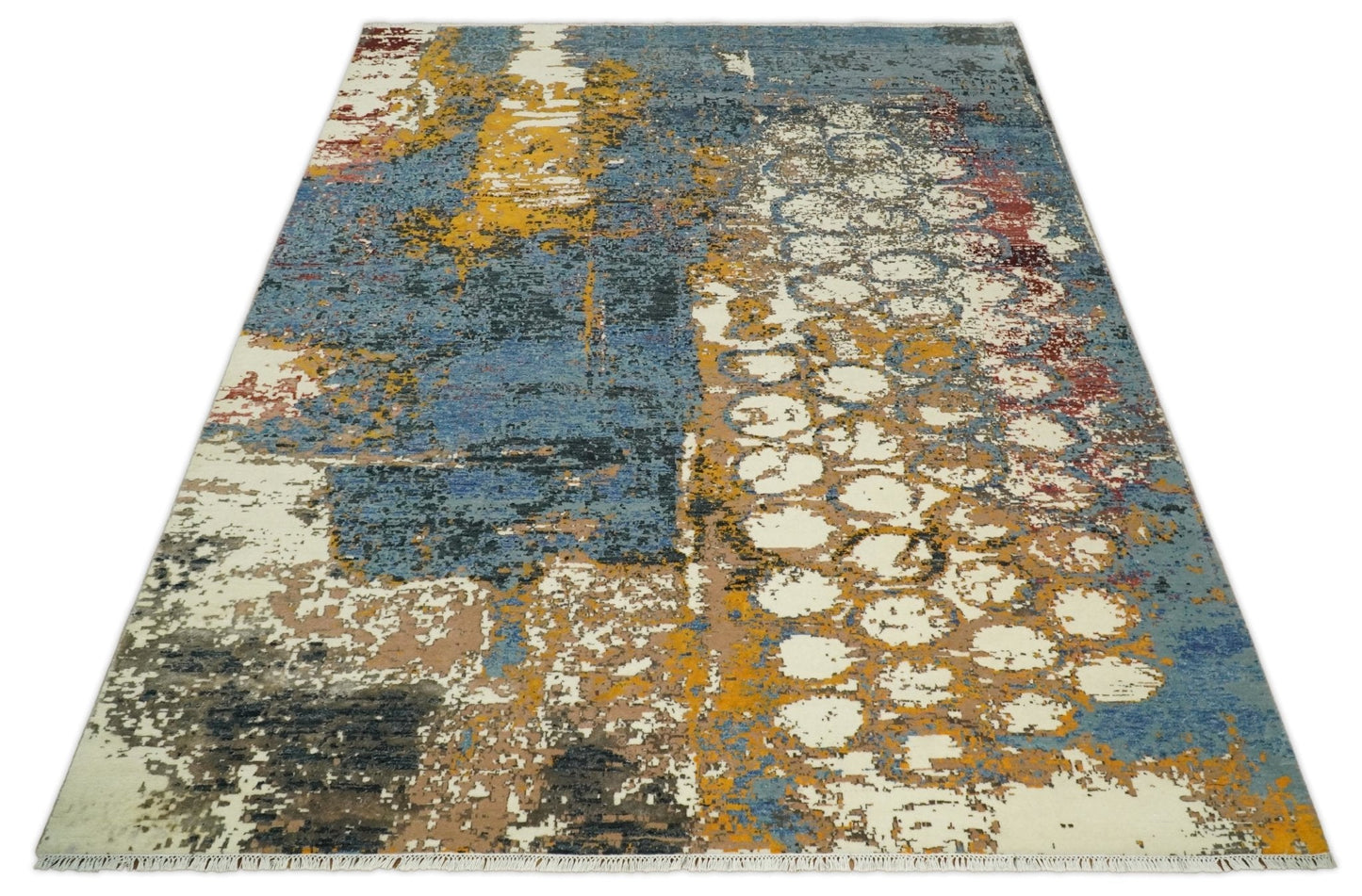 8x10 Fine Hand Knotted Ivory and Blue Modern Abstract Style Antique Wool and Silk Area Rug | TRDCP631810