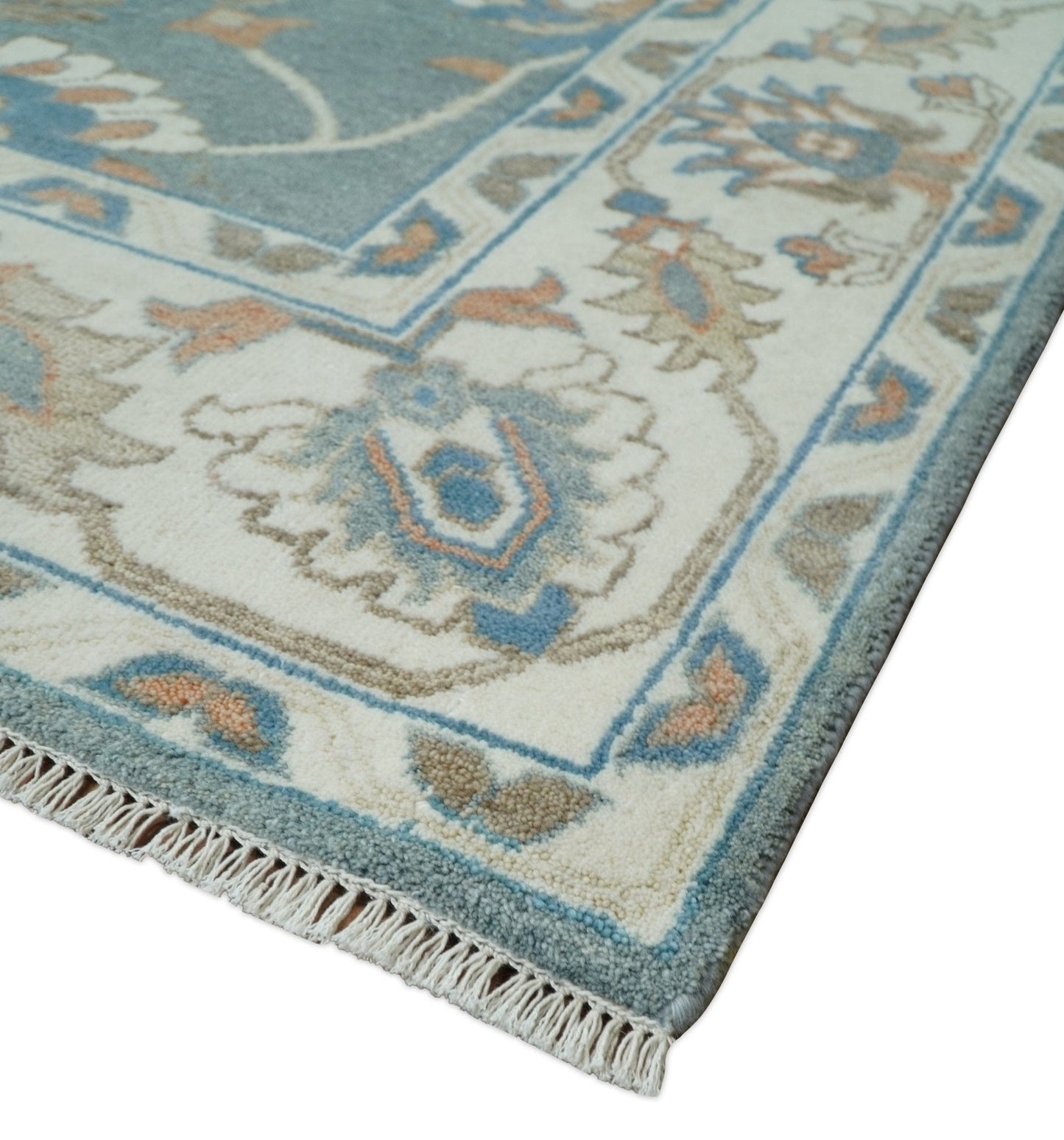 8x10 Hand Knotted Blue and Beige Traditional Vintage Turkish Oushak Antique Wool Rug | TRDCP756810