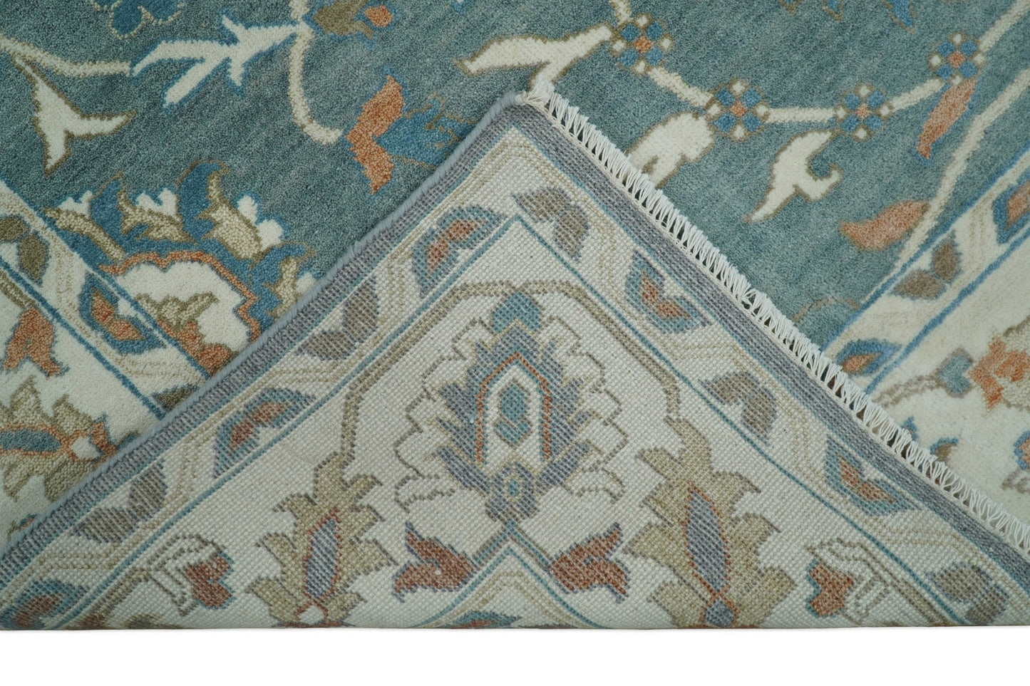 8x10 Hand Knotted Blue and Beige Traditional Vintage Turkish Oushak Antique Wool Rug | TRDCP756810