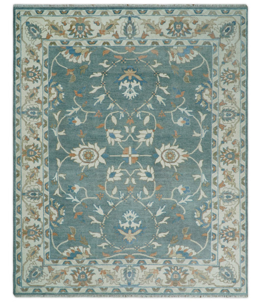 8x10 Hand Knotted Blue and Beige Traditional Vintage Turkish Oushak Antique Wool Rug | TRDCP756810