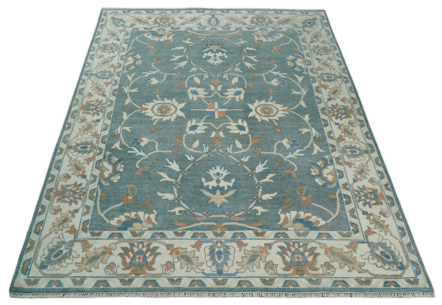 8x10 Hand Knotted Blue and Beige Traditional Vintage Turkish Oushak Antique Wool Rug | TRDCP756810