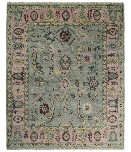 Antique Hand Knotted Green and Pink Traditional Oushak Multi Size Wool Area Rug