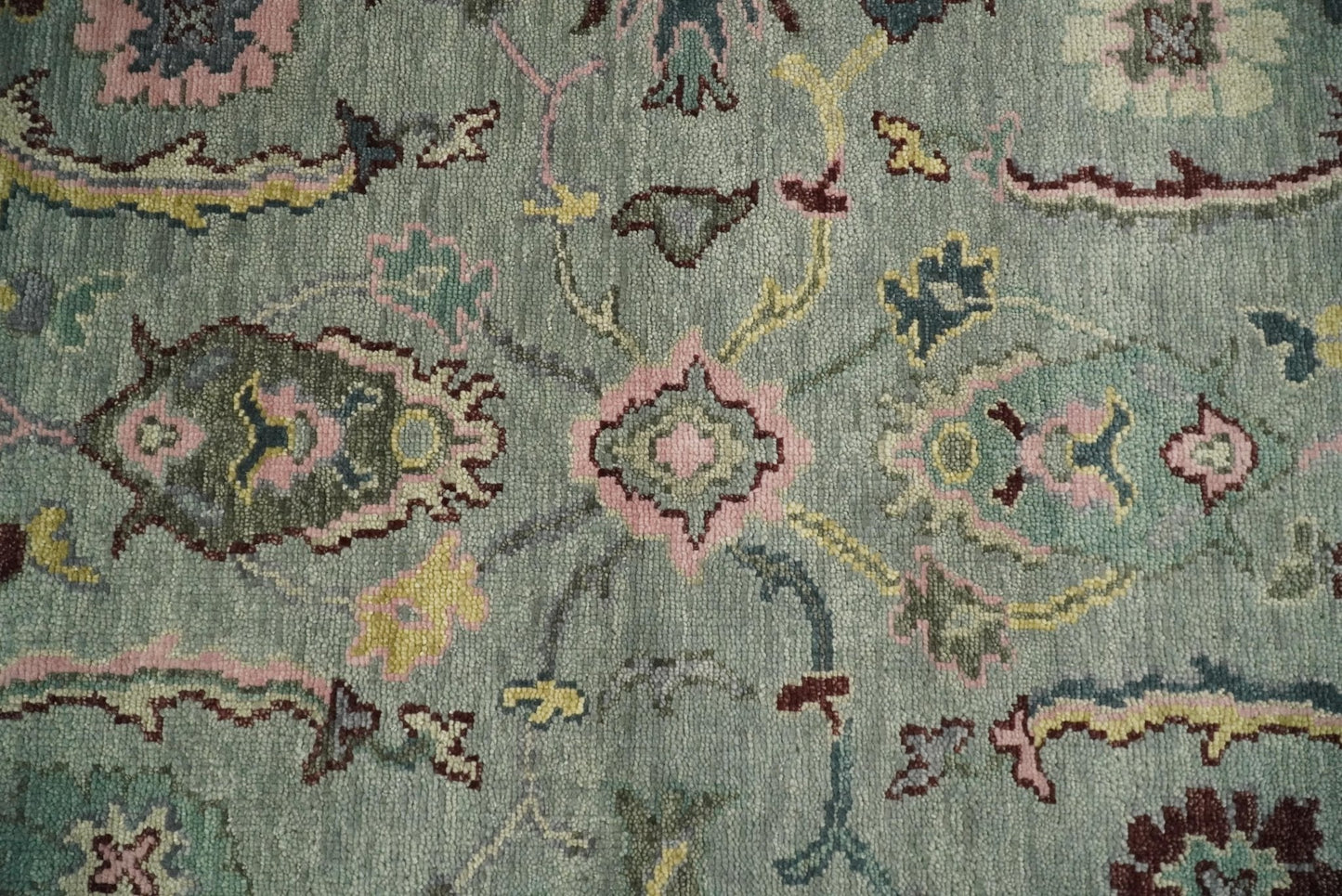 Antique Hand Knotted Green and Pink Traditional Oushak Multi Size Wool Area Rug