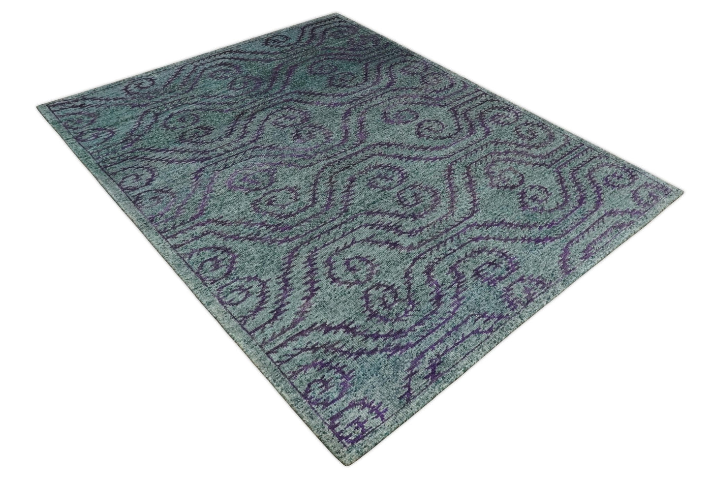 5x8 and 8x10 Hand Knotted  Blue, Gray and Purple Modern Contemporary Southwestern Tribal Trellis Recycled Silk Area Rug | OP32