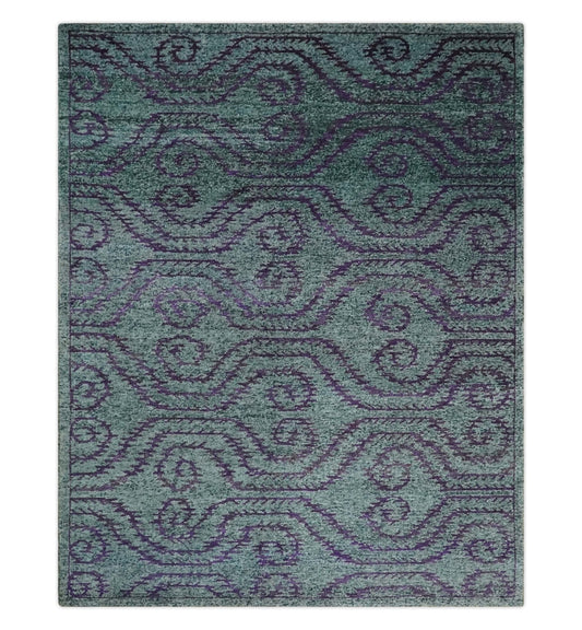 5x8 and 8x10 Hand Knotted  Blue, Gray and Purple Modern Contemporary Southwestern Tribal Trellis Recycled Silk Area Rug | OP32