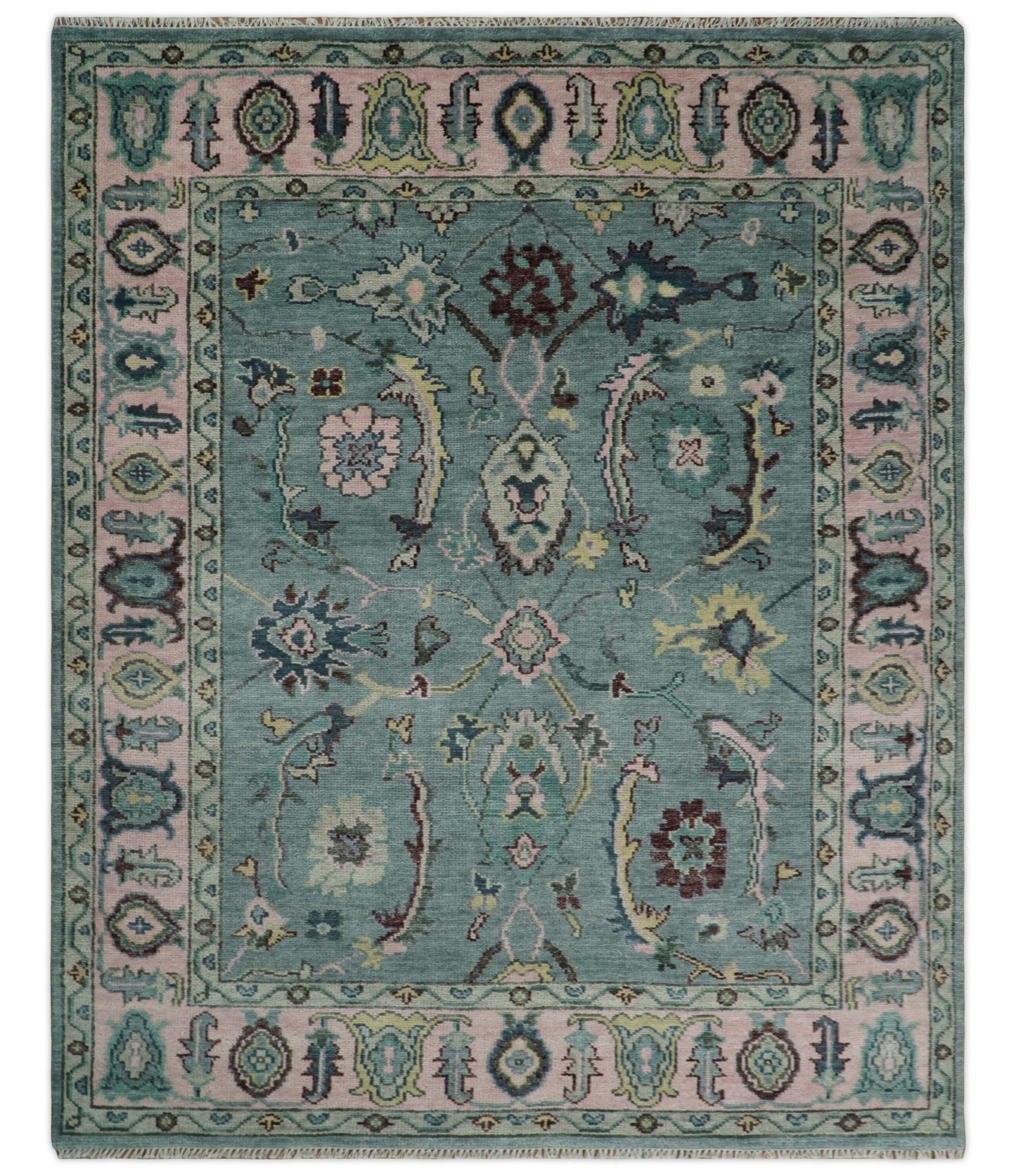 8x10 Hand Knotted Blue Green and Pink Traditional Persian Vintage Wool Rug | TRDCP771810