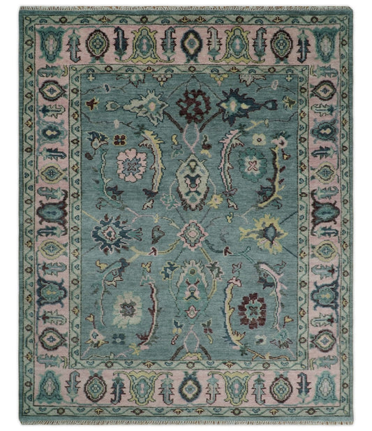 8x10 Hand Knotted Blue Green and Pink Traditional Persian Vintage Wool Rug | TRDCP771810