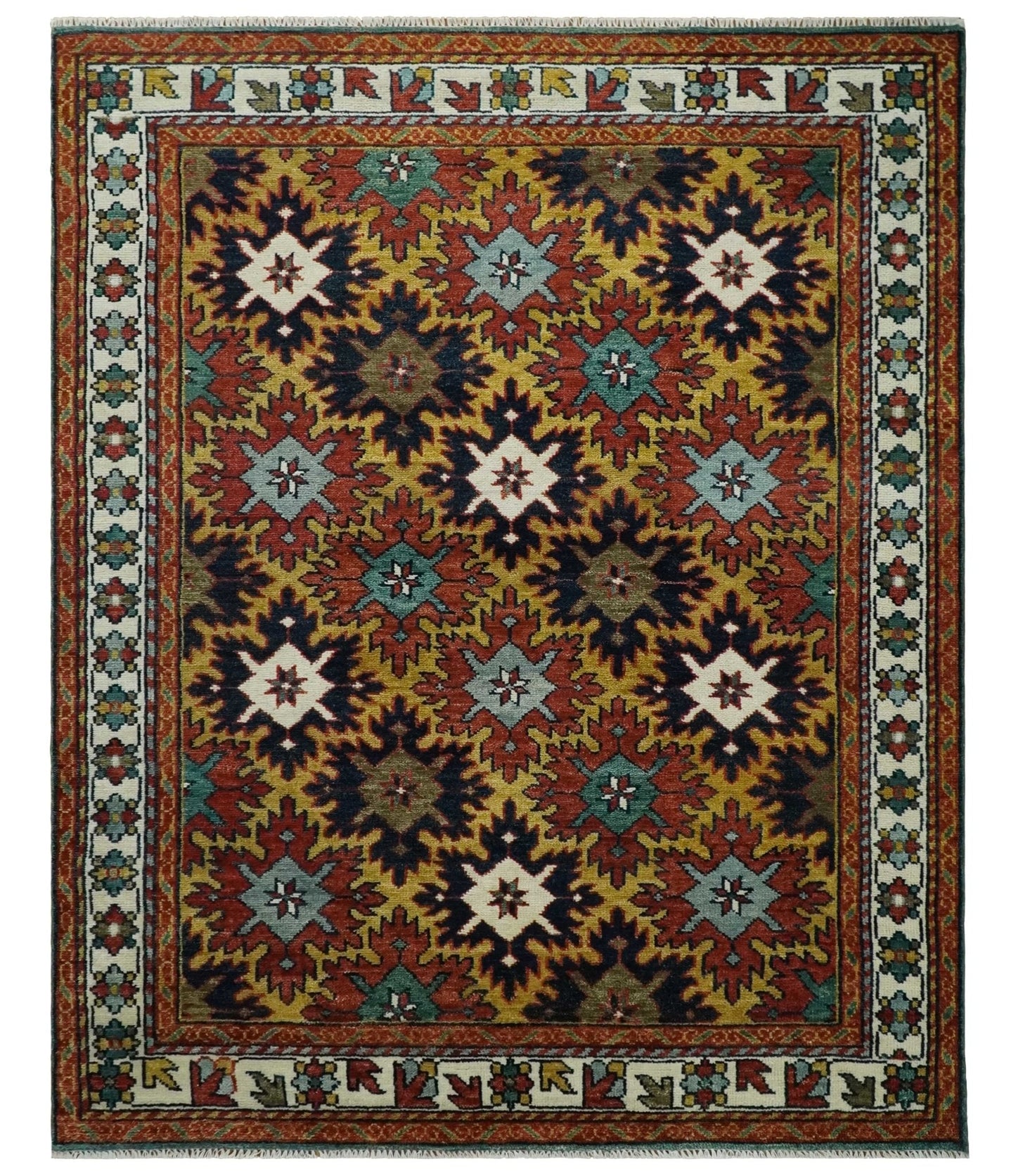 8x10 Hand Knotted Geometrical Rust, Black and Gold Floral Area Rug | TRDCP1368810