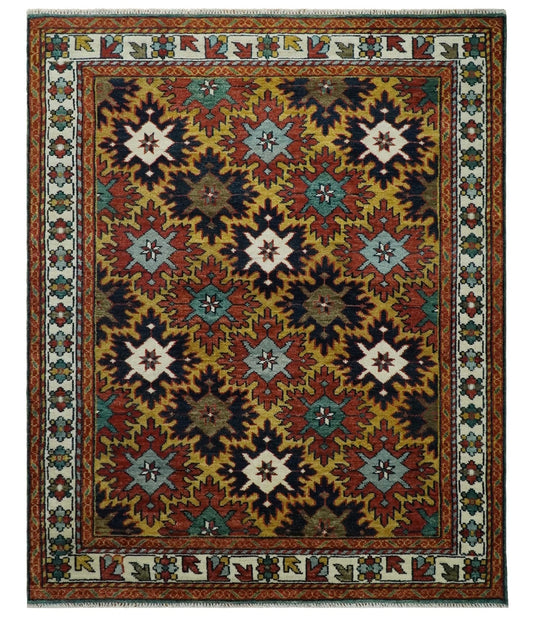 8x10 Hand Knotted Geometrical Rust, Black and Gold Floral Area Rug | TRDCP1368810