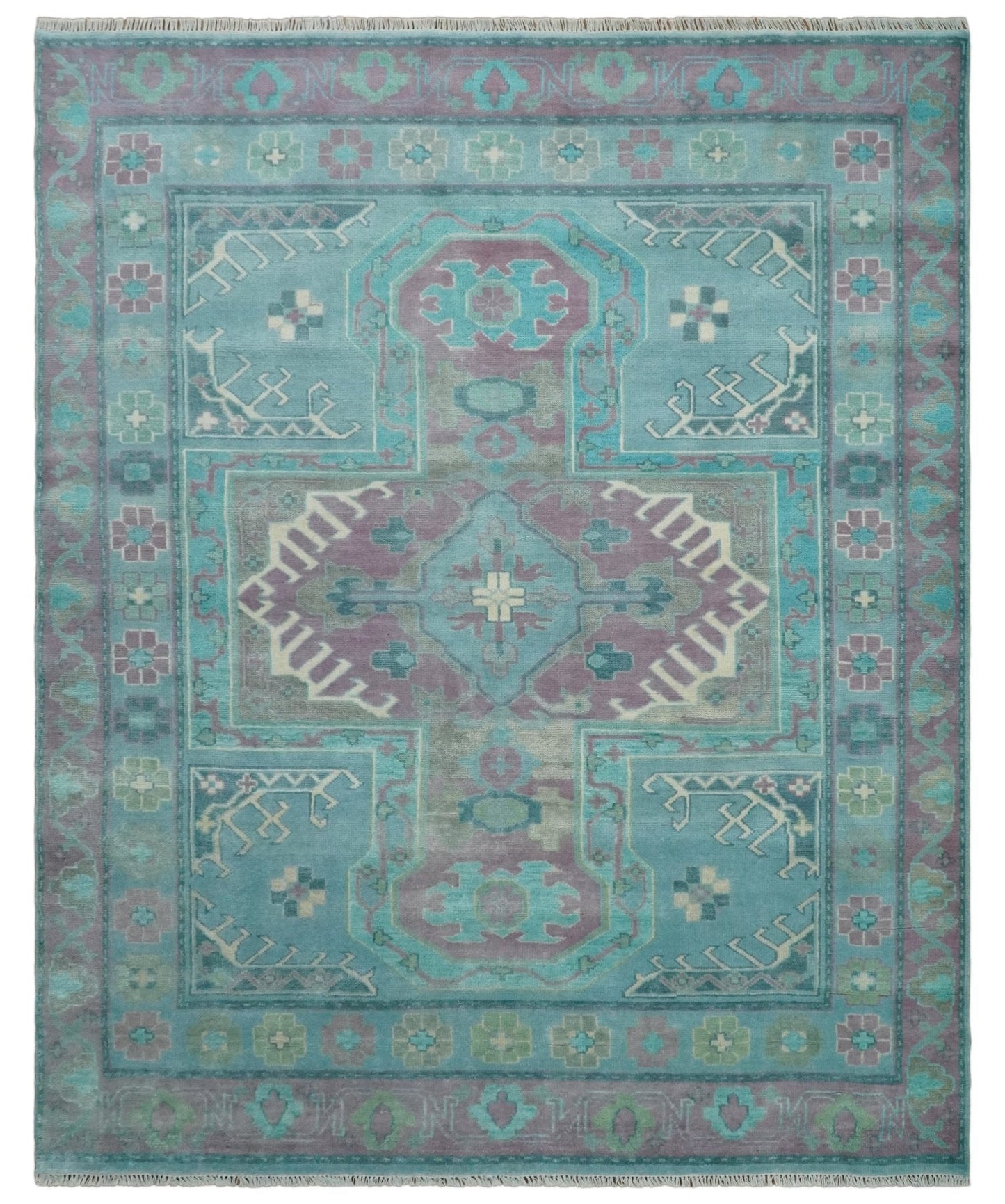 8x10 Hand Knotted Heriz Serapi Aqua, Pink and Ivory Floral Area Rug | TRDCP1369810