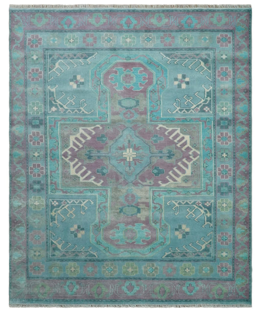 8x10 Hand Knotted Heriz Serapi Aqua, Pink and Ivory Floral Area Rug | TRDCP1369810