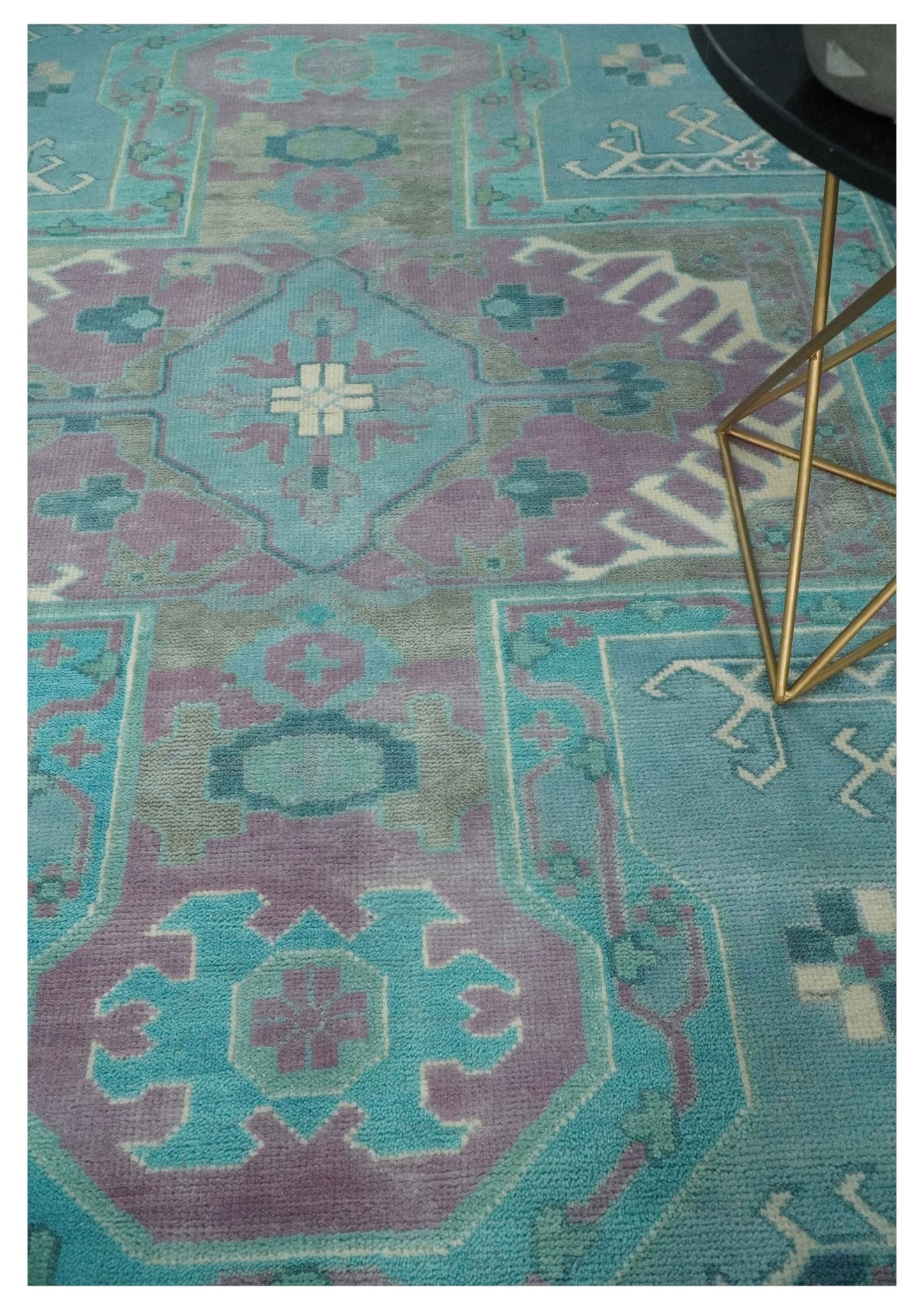 8x10 Hand Knotted Heriz Serapi Aqua, Pink and Ivory Floral Area Rug | TRDCP1369810