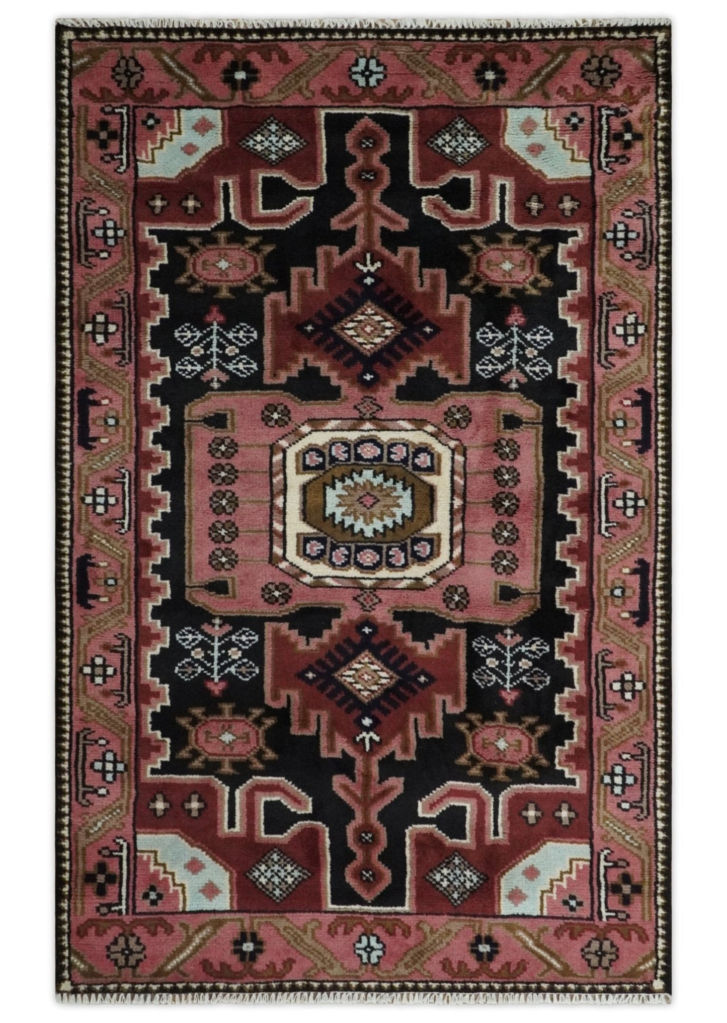 8x10 Hand Knotted Ivory, Black and Rust Traditional Heriz Serapi Antique Wool Rug | TRDCP753