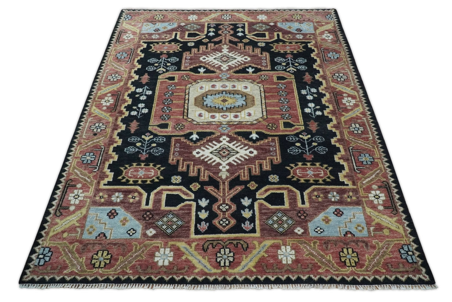 8x10 Hand Knotted Ivory, Black and Rust Traditional Heriz Serapi Antique Wool Rug | TRDCP753