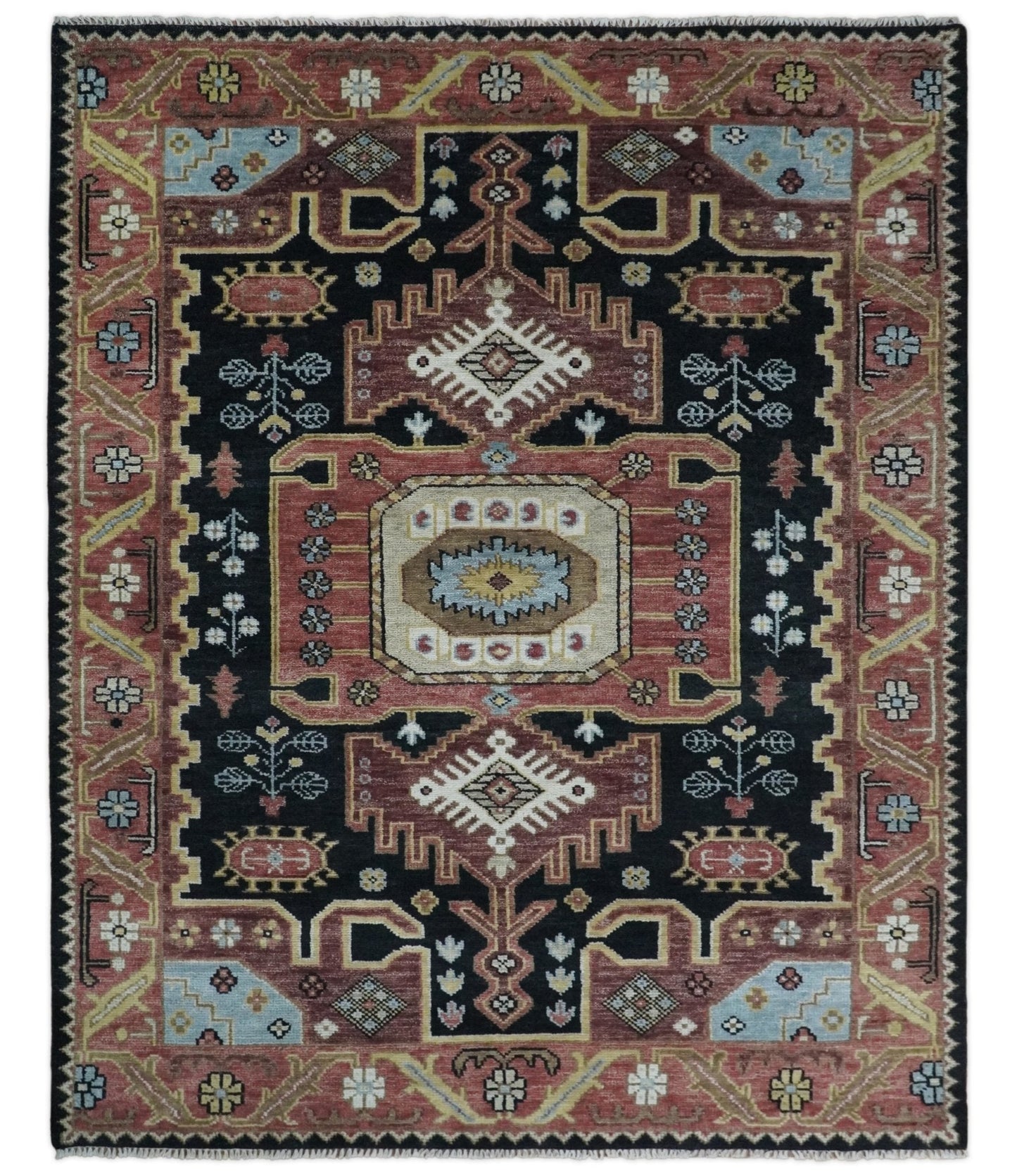 8x10 Hand Knotted Ivory, Black and Rust Traditional Heriz Serapi Antique Wool Rug | TRDCP753