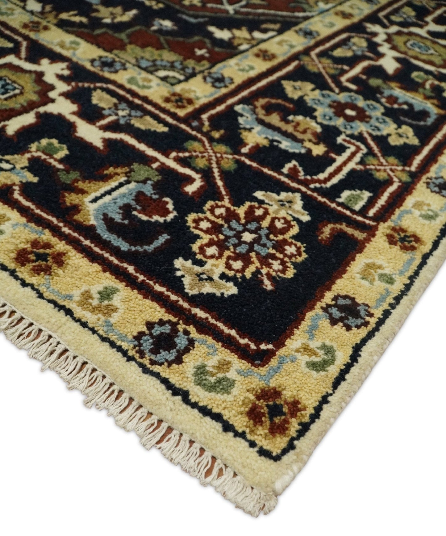 8x10 Hand Knotted Ivory Red and Blue Traditional Heriz Serapi Antique Wool Rug | TRDCP601810