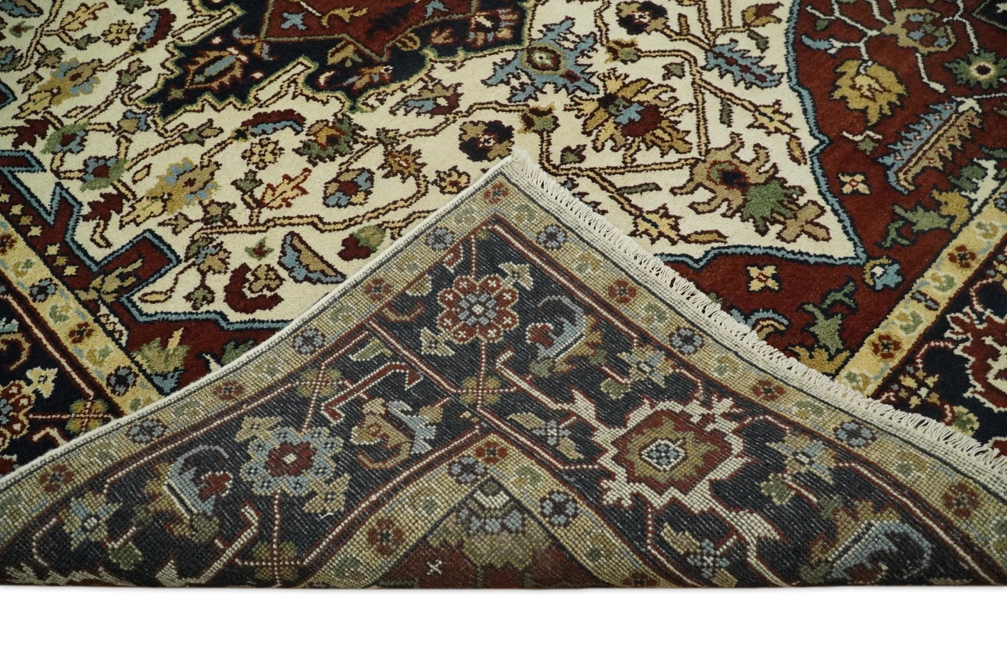 8x10 Hand Knotted Ivory Red and Blue Traditional Heriz Serapi Antique Wool Rug | TRDCP601810