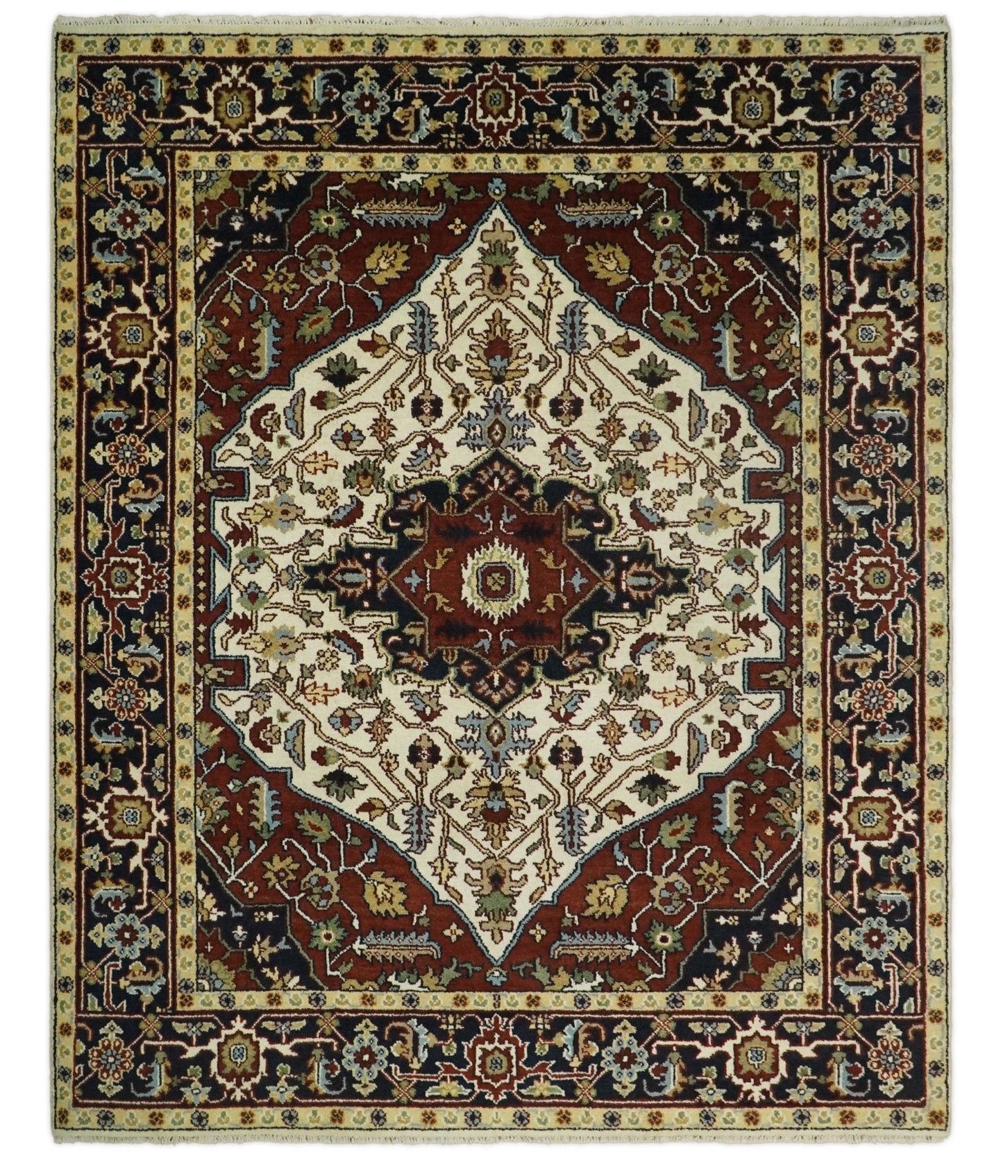 8x10 Hand Knotted Ivory Red and Blue Traditional Heriz Serapi Antique Wool Rug | TRDCP601810