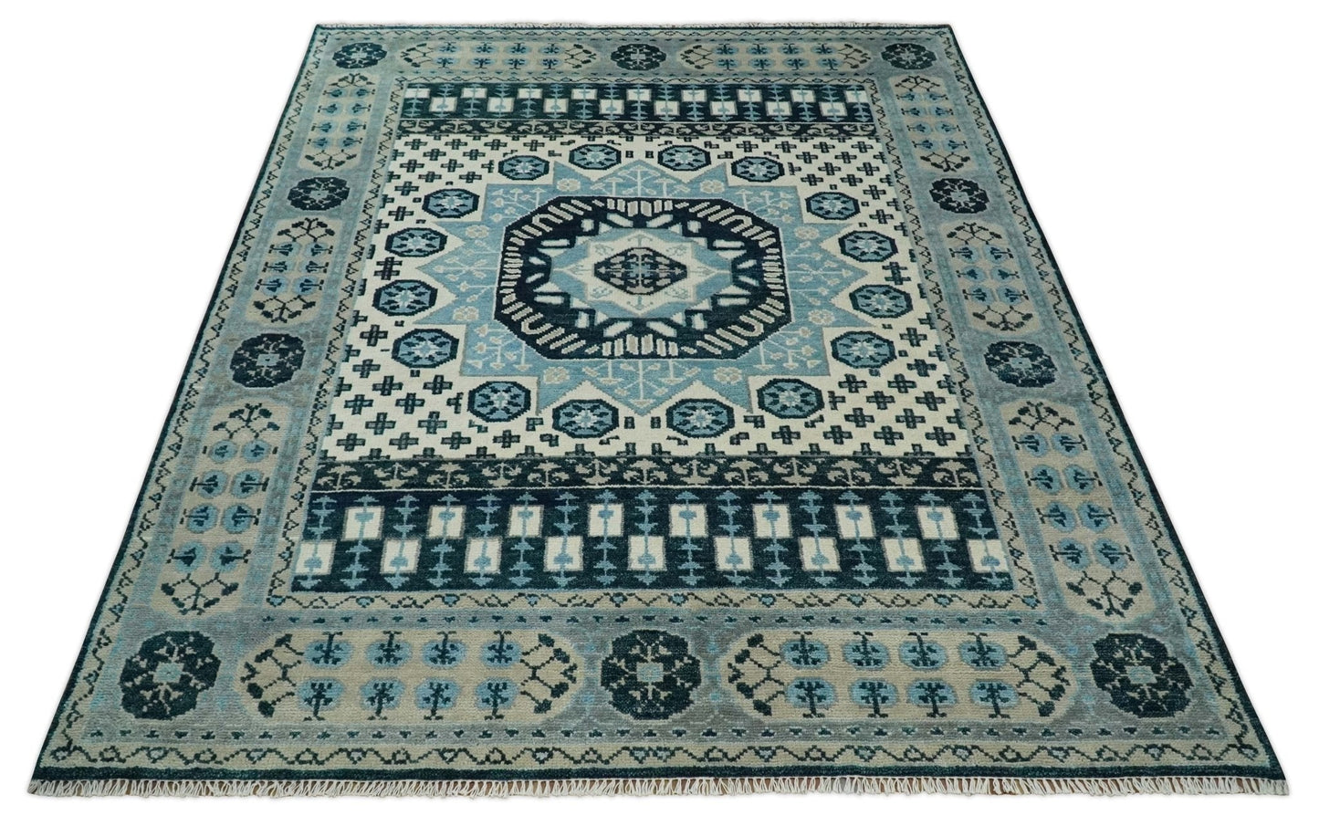 8x10 Hand Knotted Mamluk Medallion Beige, blue and Gray Traditional Persian Rug | TRDCP875810